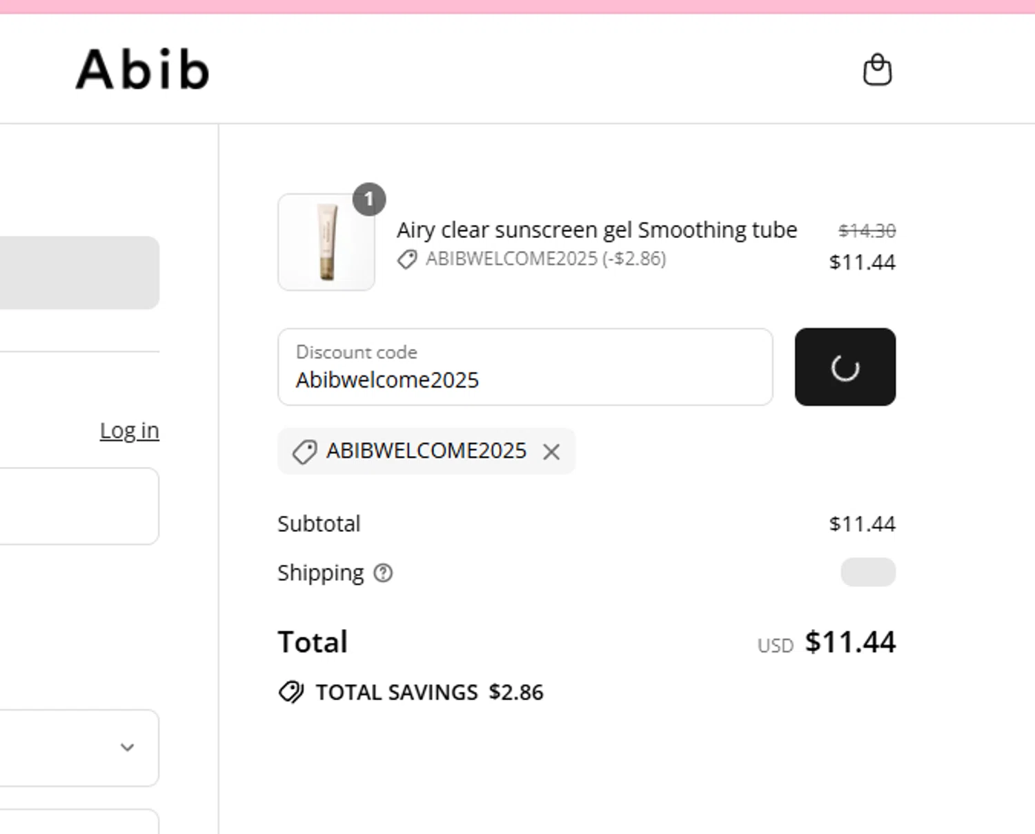 Abib US promo code screenshot showing code ABIBWELCOME2025 applied at Abib US checkout page. Uploaded by SimplyCodes community member aumentadax10 on Jul 30, 2025