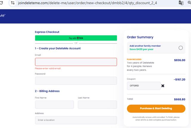 DeleteMe checkout page showing DeleteMe promo code box | Screenshot taken by SimplyCodes community member on Sep 2, 2025