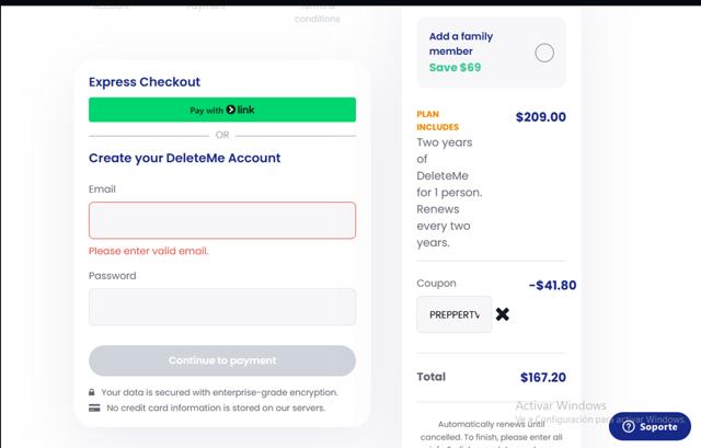 DeleteMe checkout page showing DeleteMe promo code box | Screenshot taken by SimplyCodes community member on Sep 2, 2025