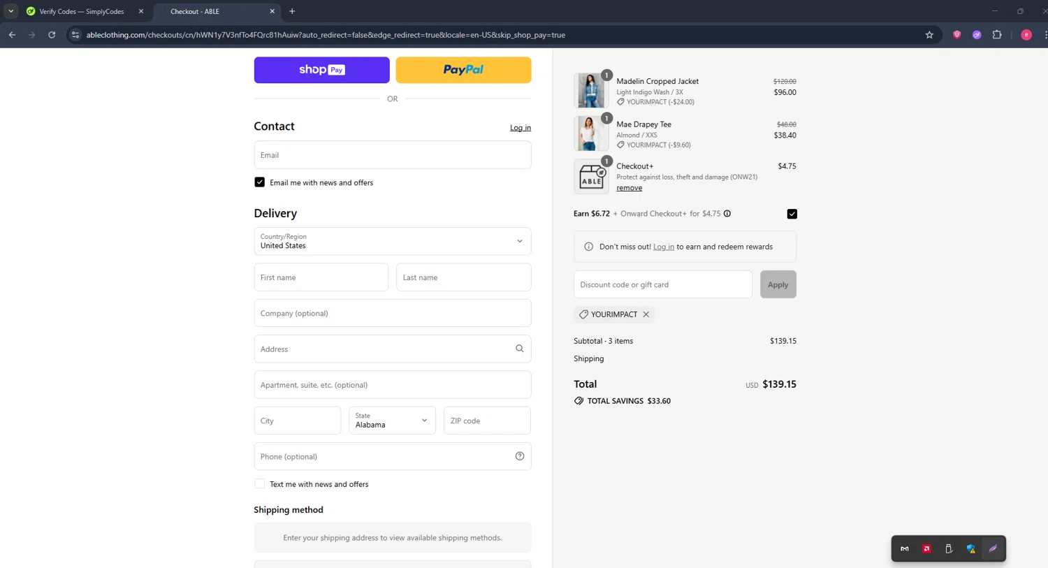 Able discount code screenshot showing code YOURIMPACT applied at Able checkout page. Uploaded by SimplyCodes community member TreasureWarden457 on Aug 28, 2025