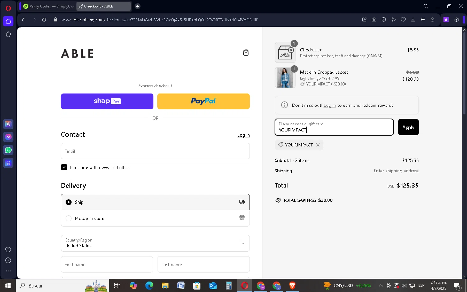 Able discount code screenshot showing code YOURIMPACT applied at Able checkout page. Uploaded by SimplyCodes community member SavingsSentinel833 on Mar 4, 2025