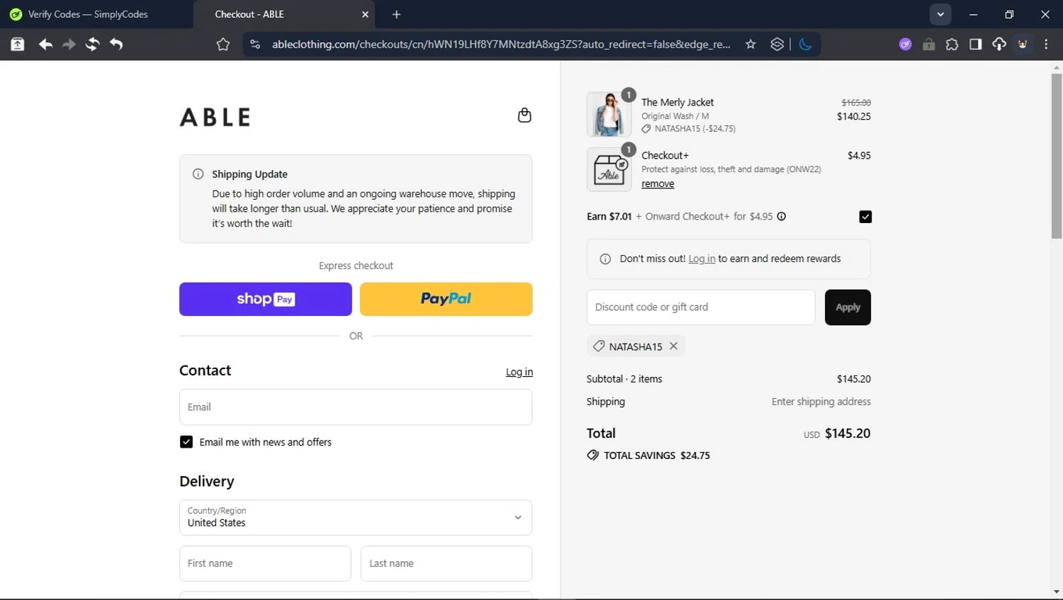 Able discount code screenshot showing code natasha15 applied at Able checkout page. Uploaded by SimplyCodes community member CleverPioneer8971 on Jul 28, 2025