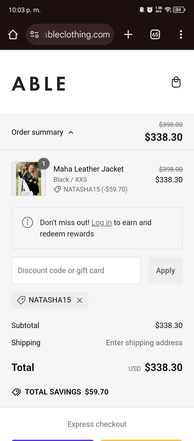 Able discount code screenshot showing code natasha15 applied at Able checkout page. Uploaded by SimplyCodes community member Usermarielinda on Dec 28, 2024