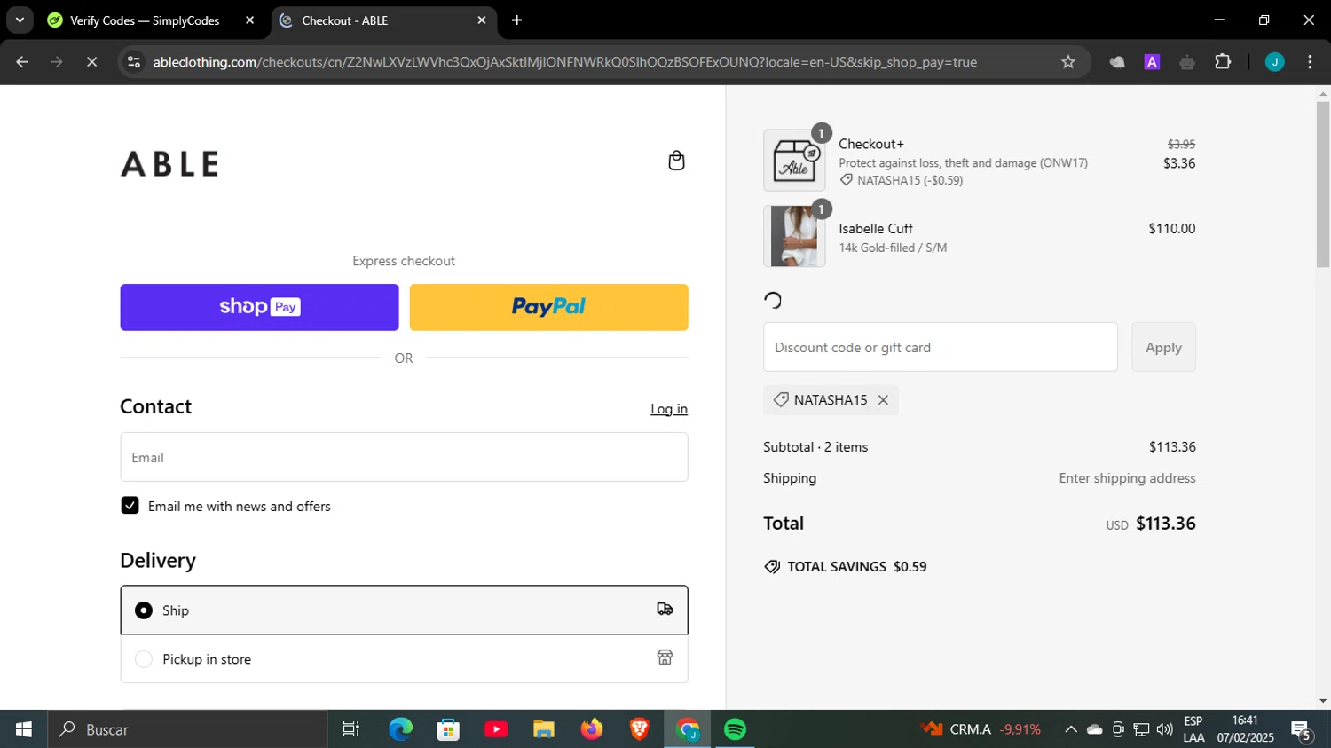 Able discount code screenshot showing code natasha15 applied at Able checkout page. Uploaded by SimplyCodes community member WonderCaptain6926 on Feb 7, 2025