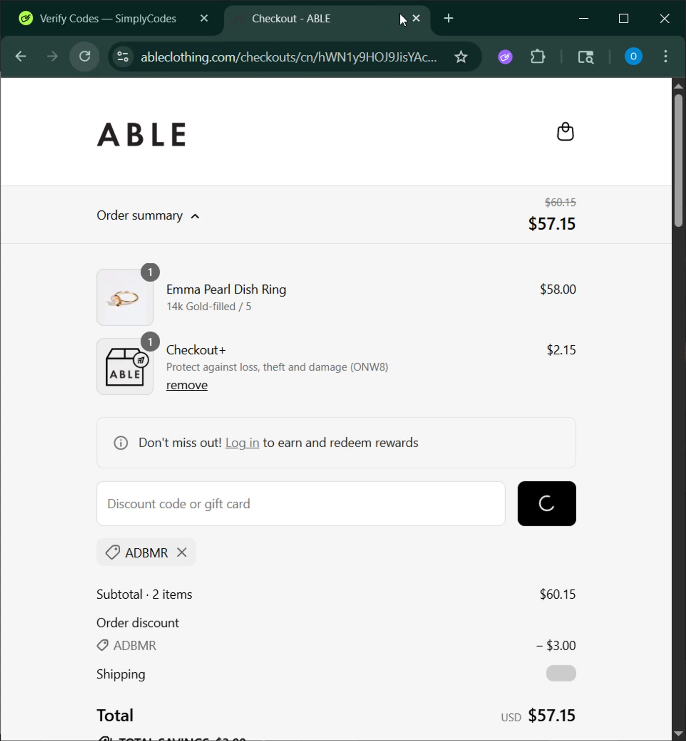 Able discount code screenshot showing code ADBMR applied at Able checkout page. Uploaded by SimplyCodes community member RoyalSage9159 on Aug 28, 2025