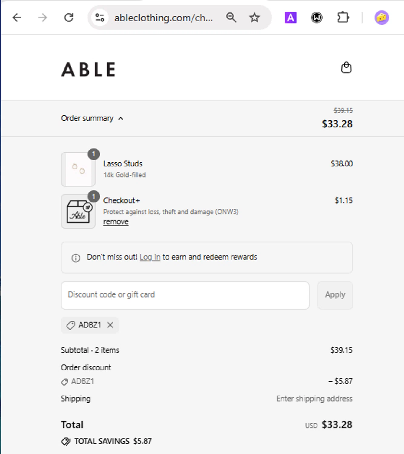 Able discount code screenshot showing code ADBZ1 applied at Able checkout page. Uploaded by SimplyCodes community member Loslocosdelavela on Jul 25, 2025