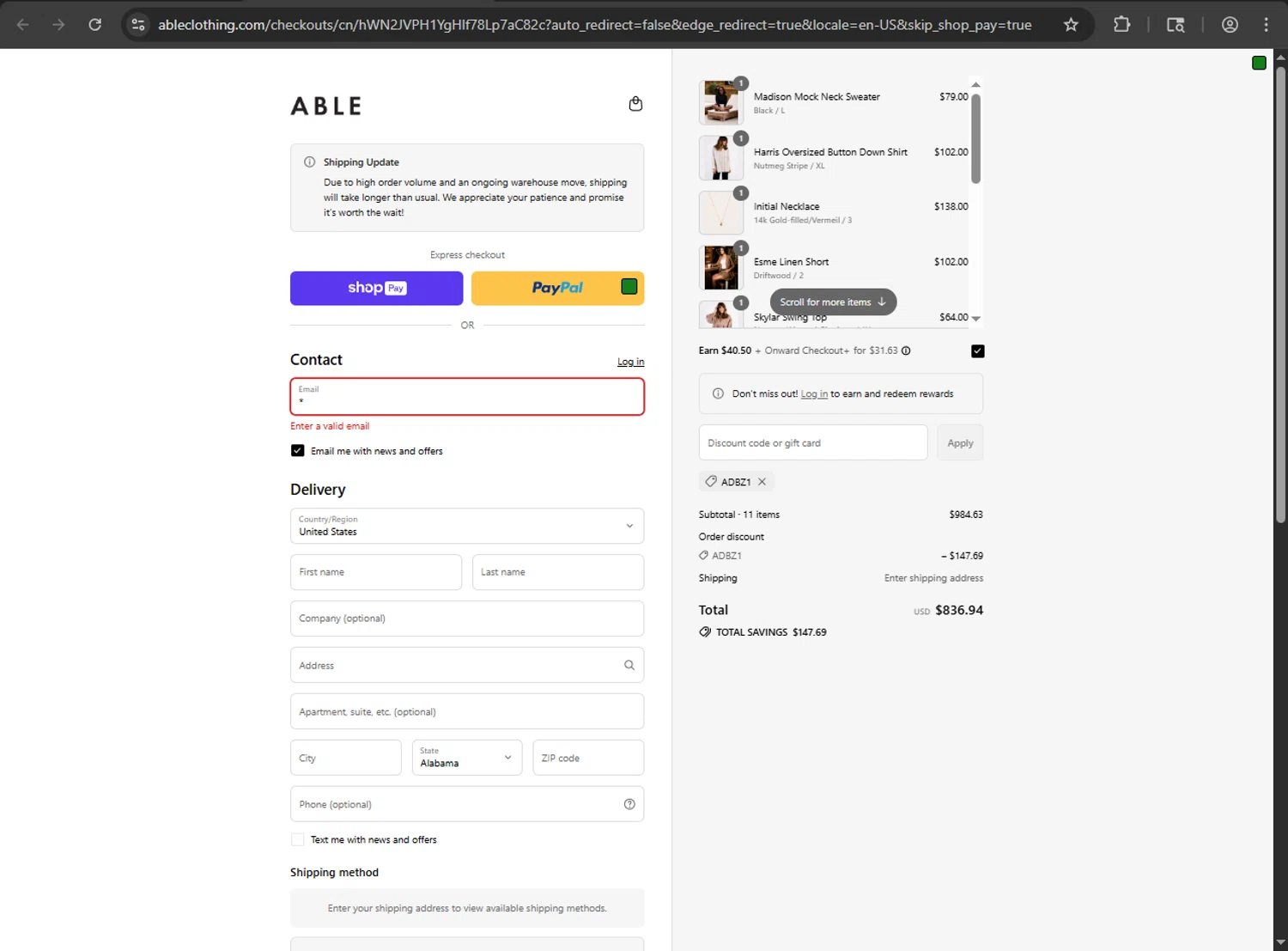 Able discount code screenshot showing code ADBZ1 applied at Able checkout page. Uploaded by SimplyCodes community member TheNewAge on Aug 28, 2025