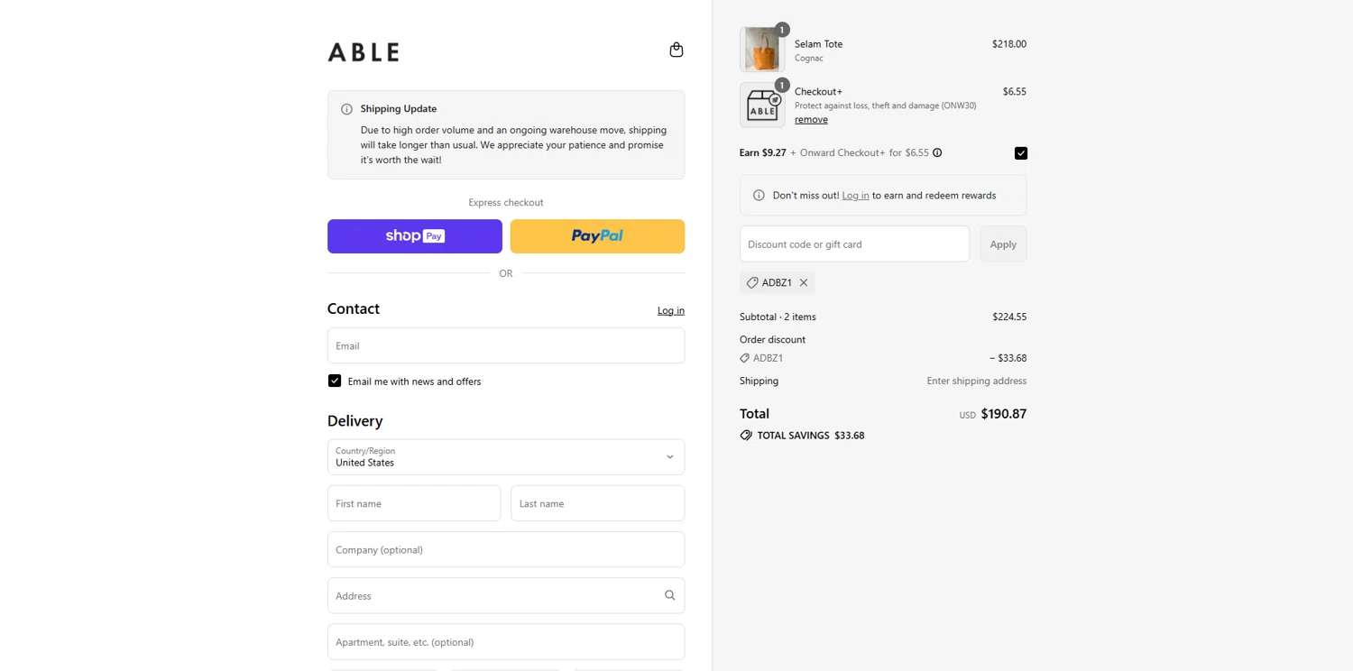 Able discount code screenshot showing code ADBZ1 applied at Able checkout page. Uploaded by SimplyCodes community member holasfosi on Aug 8, 2025