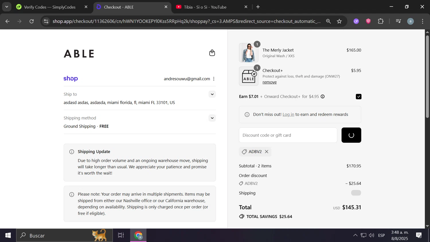 Able discount code screenshot showing code ADBV2 applied at Able checkout page. Uploaded by SimplyCodes community member Anzus777 on Aug 8, 2025