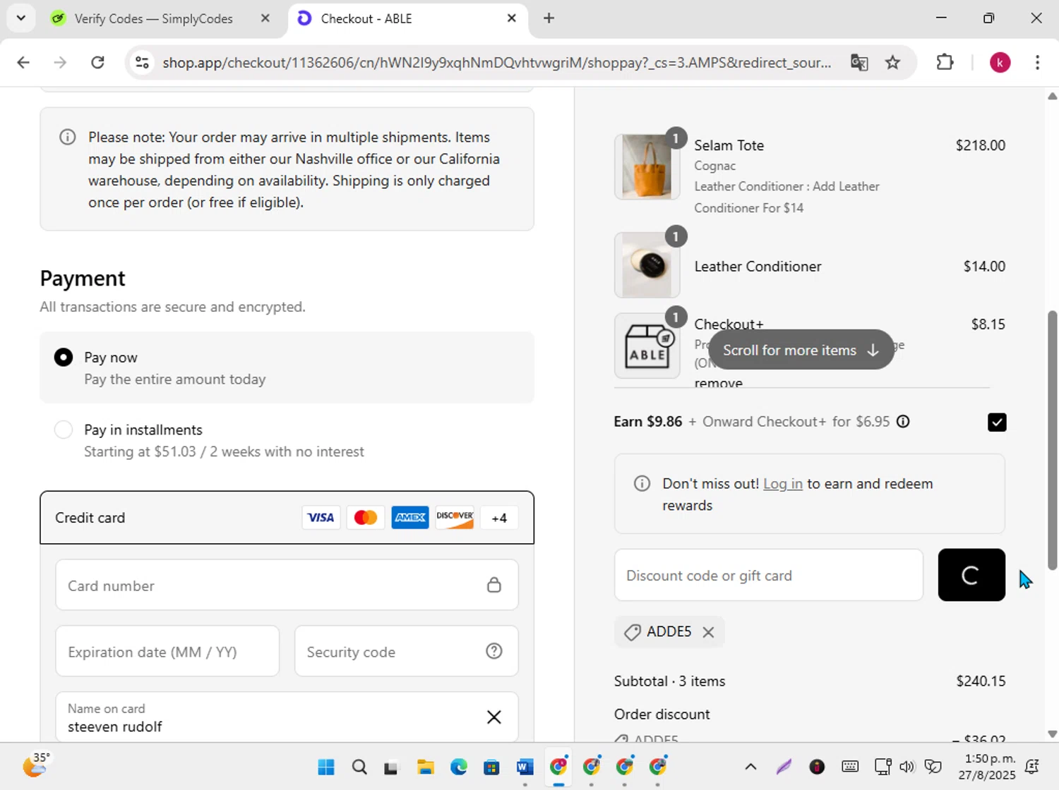 Able discount code screenshot showing code ADDE5 applied at Able checkout page. Uploaded by SimplyCodes community member karoline on Aug 27, 2025