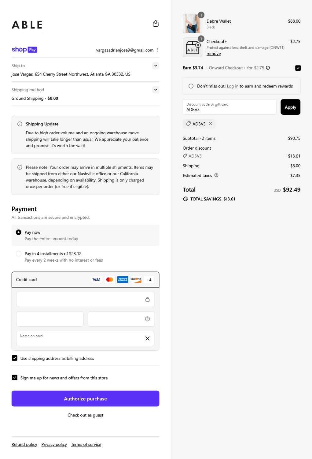 Able discount code screenshot showing code ADBV3 applied at Able checkout page. Uploaded by SimplyCodes community member WladimirV on Aug 8, 2025