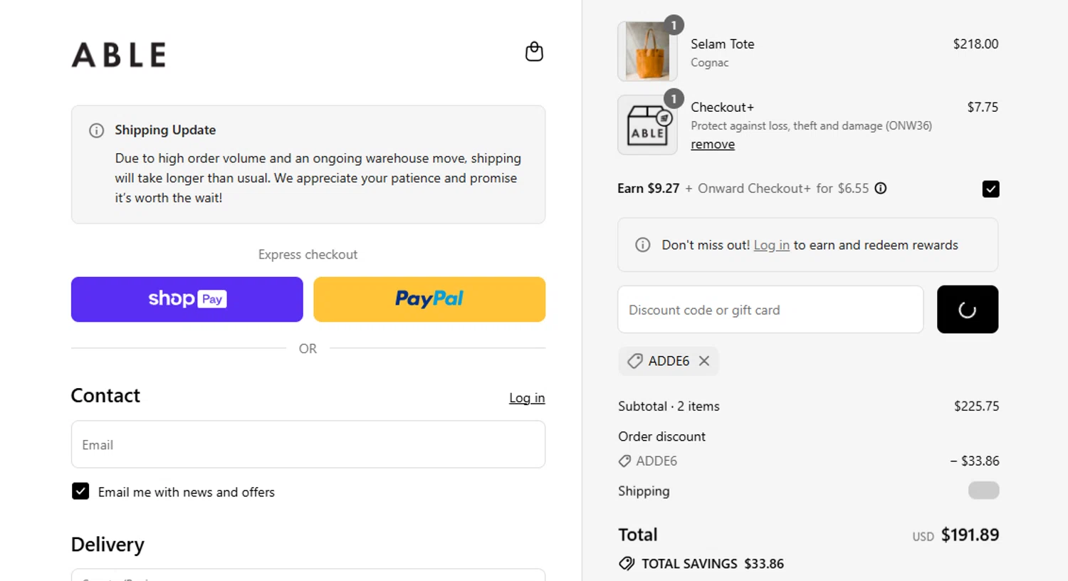Able discount code screenshot showing code ADDE6 applied at Able checkout page. Uploaded by SimplyCodes community member yeresojperez on Aug 27, 2025