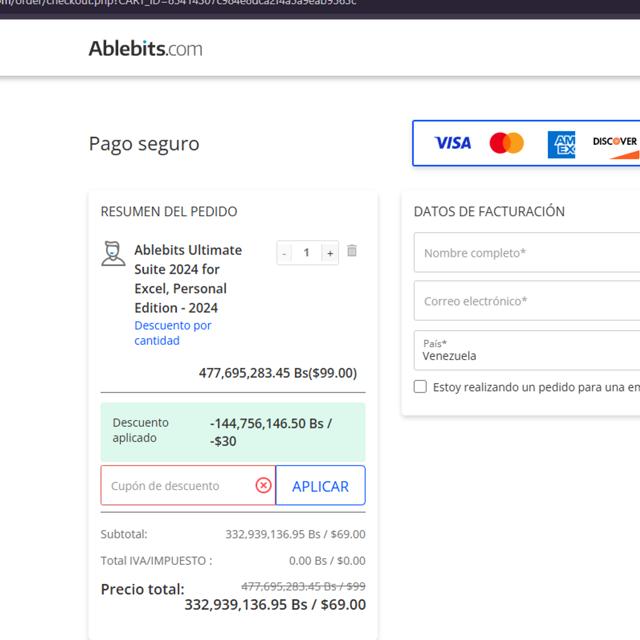 Ablebits.com checkout page showing Ablebits.com discount code box | Screenshot taken by SimplyCodes community member on Dec 9, 2024
