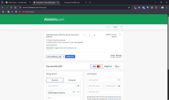 Ablebits.com checkout page showing Ablebits.com discount code box | Screenshot taken by SimplyCodes community member on Jun 19, 2025
