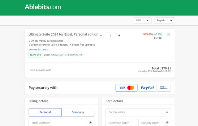 Ablebits.com checkout page showing Ablebits.com discount code box | Screenshot taken by SimplyCodes community member on Jun 19, 2025
