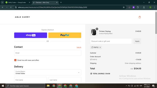 Able Carry checkout page showing Able Carry discount code box | Screenshot taken by SimplyCodes community member on Jan 6, 2025