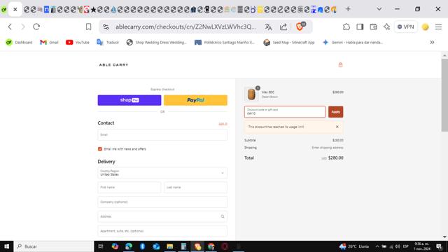 Able Carry checkout page showing Able Carry discount code box | Screenshot taken by SimplyCodes community member on Nov 1, 2024