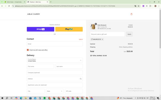 Able Carry checkout page showing Able Carry discount code box | Screenshot taken by SimplyCodes community member on Nov 28, 2024