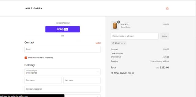 Able Carry checkout page showing Able Carry discount code box | Screenshot taken by SimplyCodes community member on Jan 18, 2025