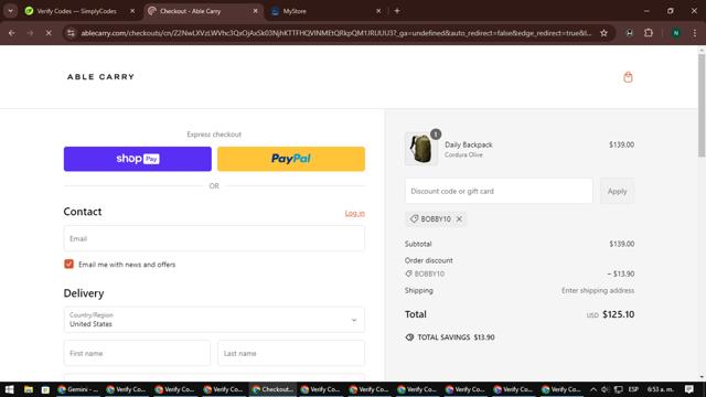 Able Carry checkout page showing Able Carry discount code box | Screenshot taken by SimplyCodes community member on Feb 16, 2025