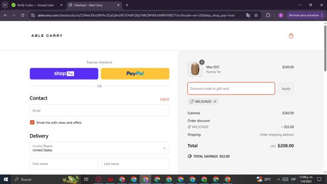 Able Carry checkout page showing Able Carry discount code box | Screenshot taken by SimplyCodes community member on Apr 2, 2025