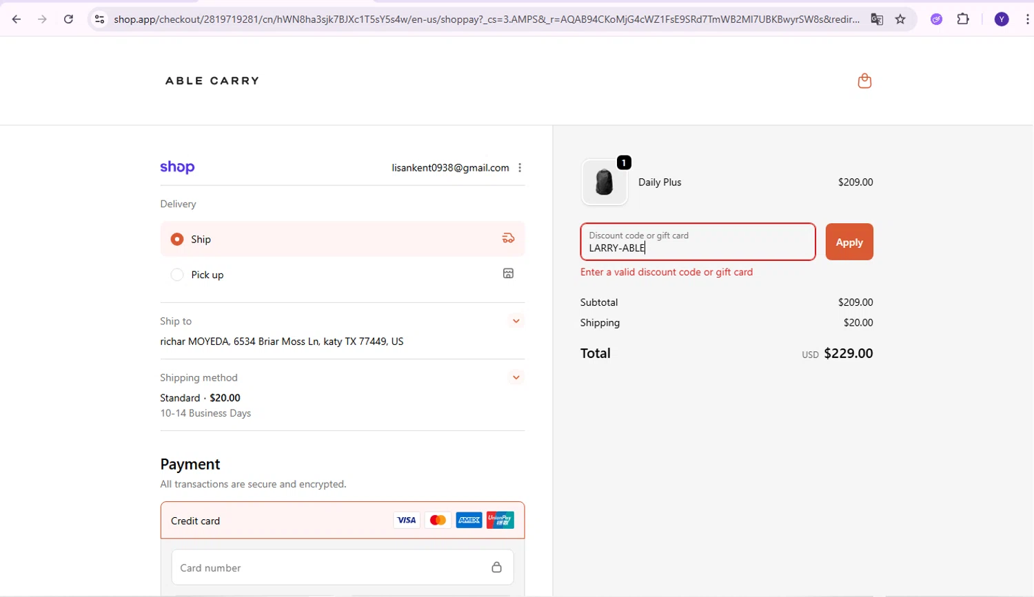 Able Carry promo code screenshot showing code LARRY-ABLE applied at Able Carry checkout page. Uploaded by SimplyCodes community member Yabriel007 on Feb 12, 2026