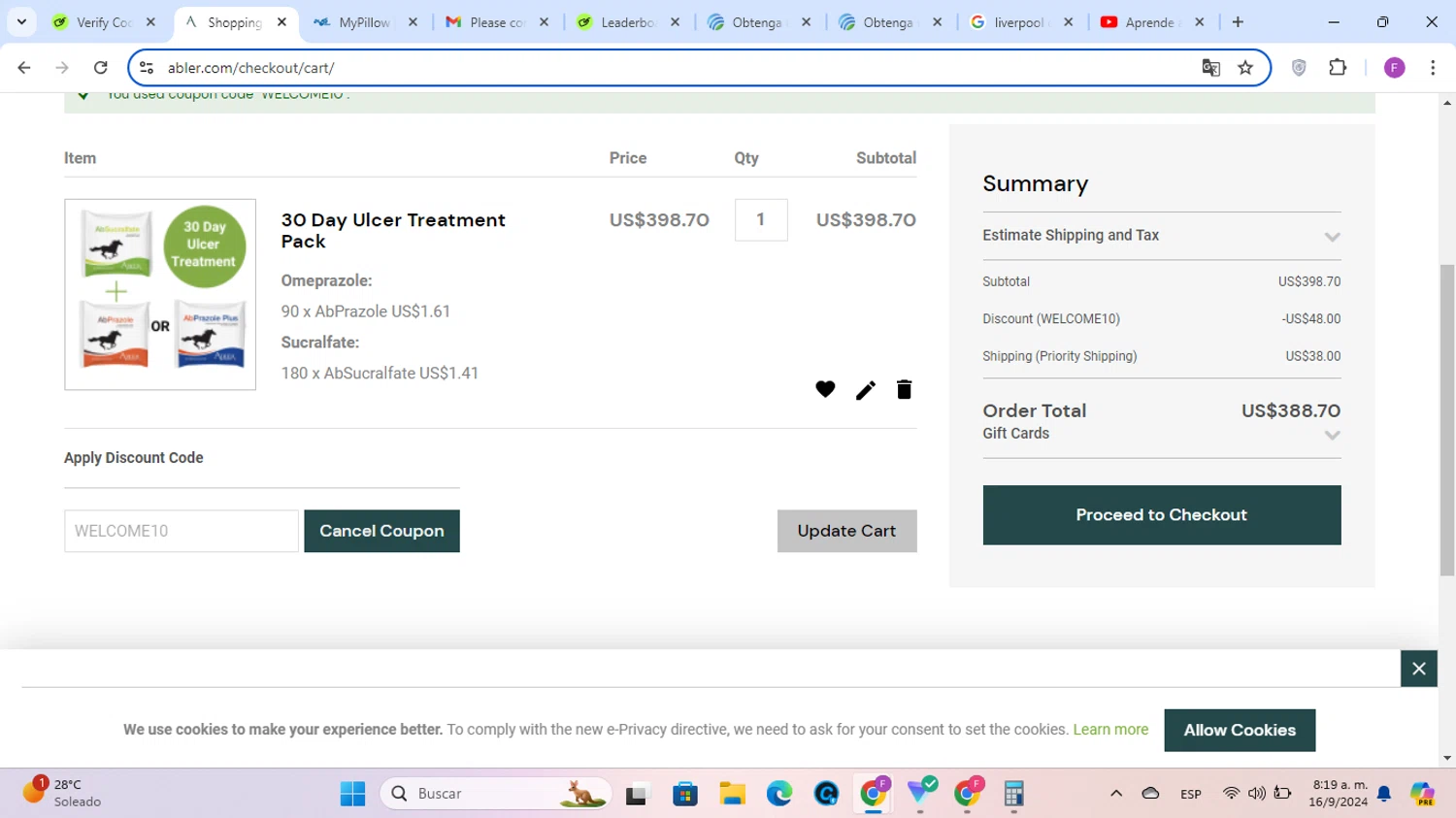 Abler checkout page showing Abler discount code box | Screenshot taken by SimplyCodes community member on Sep 16, 2024