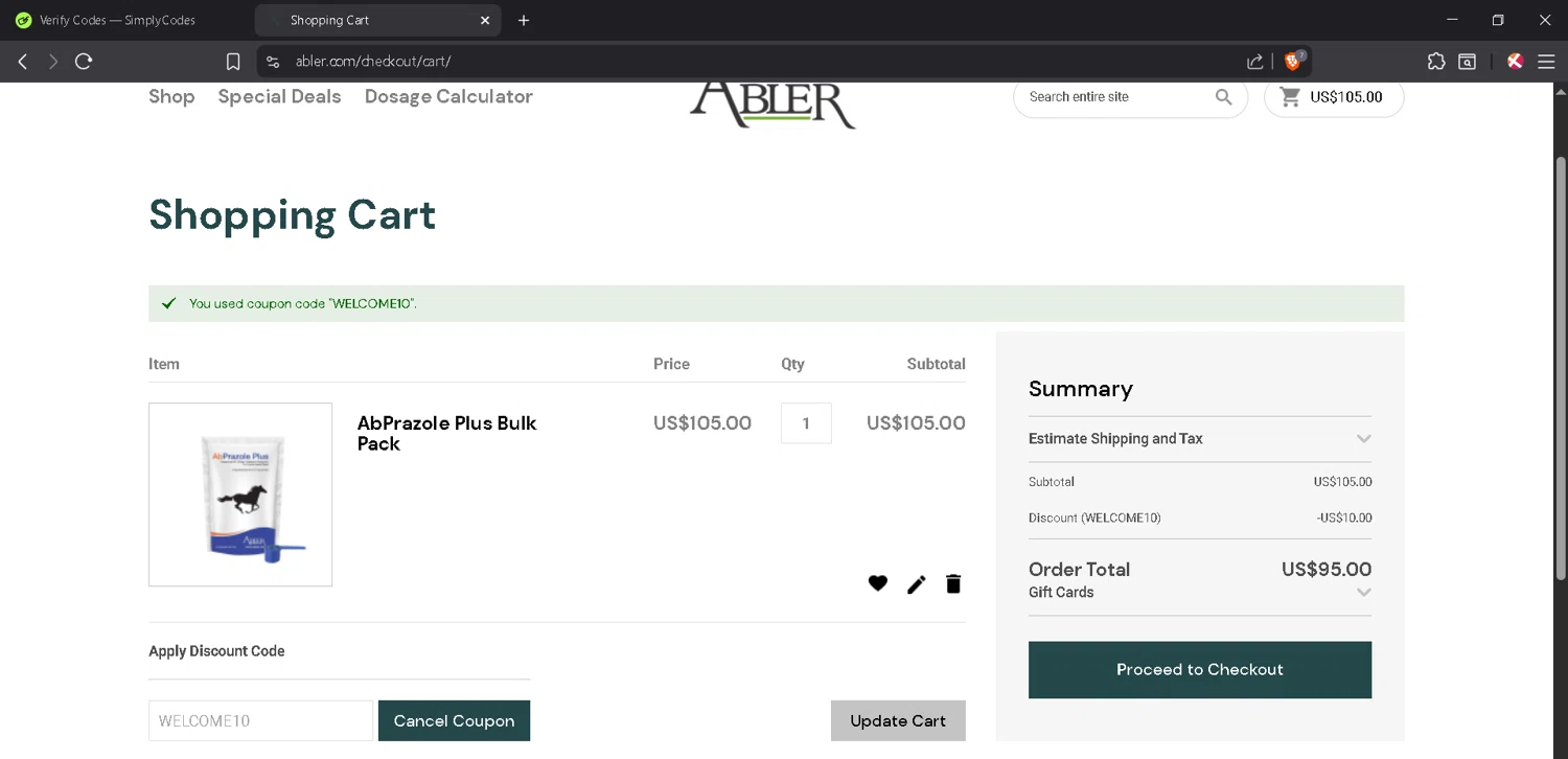 Abler discount code screenshot showing code WELCOME10 applied at Abler checkout page. Uploaded by SimplyCodes community member JosephStevens774 on Jun 30, 2025