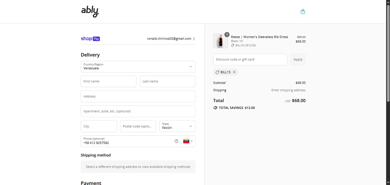 Ably discount code screenshot showing code BILL15 applied at Ably checkout page. Uploaded by SimplyCodes community member CodeExpert7814 on Aug 16, 2025