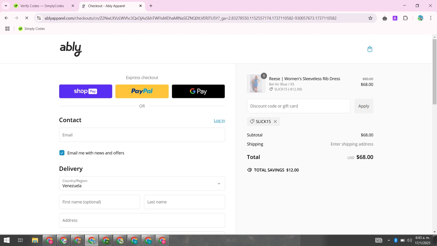 Ably discount code screenshot showing code SLICK15 applied at Ably checkout page. Uploaded by SimplyCodes community member ShrewdSpotter4101 on Jan 17, 2025