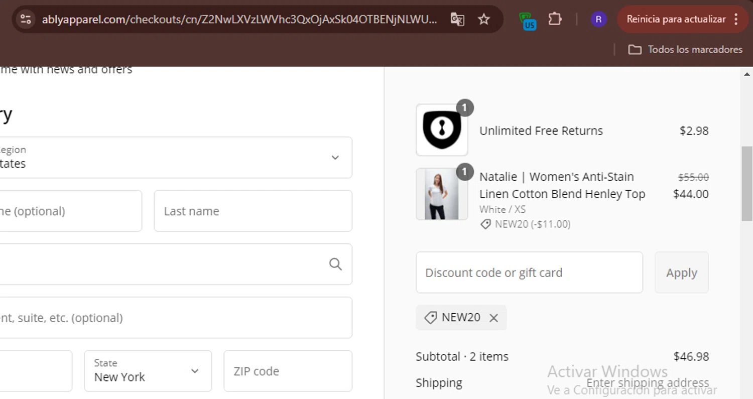 Ably discount code screenshot showing code NEW20 applied at Ably checkout page. Uploaded by SimplyCodes community member PumDaniel on Feb 16, 2025