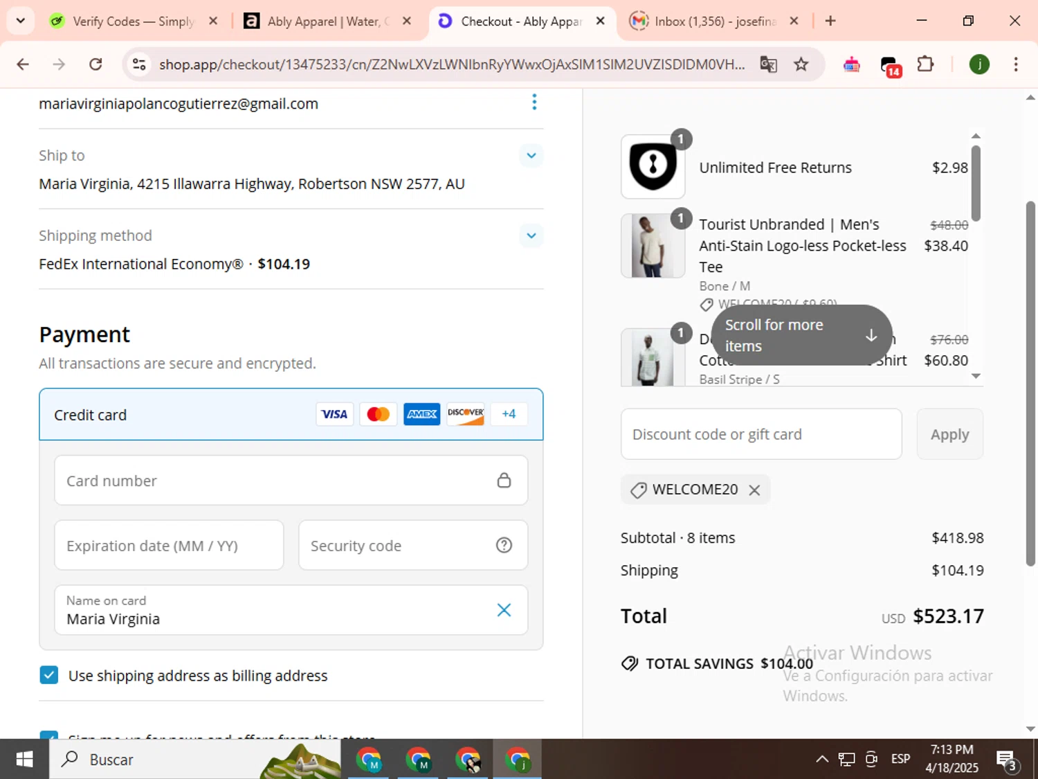 Ably discount code screenshot showing code WELCOME20 applied at Ably checkout page. Uploaded by SimplyCodes community member SavingsCollector2592 on Apr 18, 2025