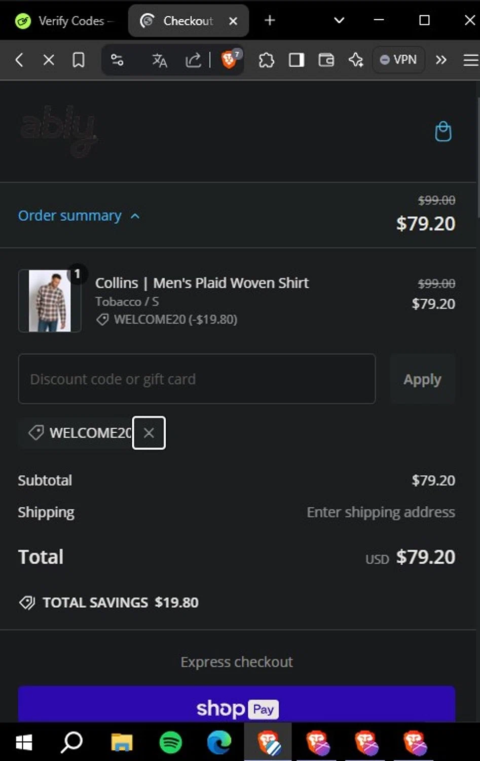 Ably discount code screenshot showing code WELCOME20 applied at Ably checkout page. Uploaded by SimplyCodes community member Yoseff on Jan 23, 2025