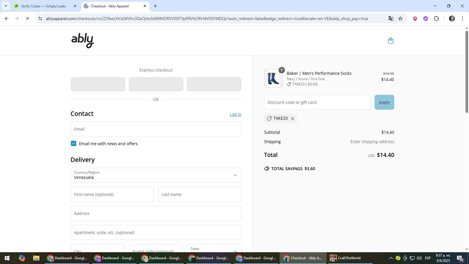 Ably discount code screenshot showing code TAKE20 applied at Ably checkout page. Uploaded by SimplyCodes community member CleverLynx6871 on Jun 3, 2025