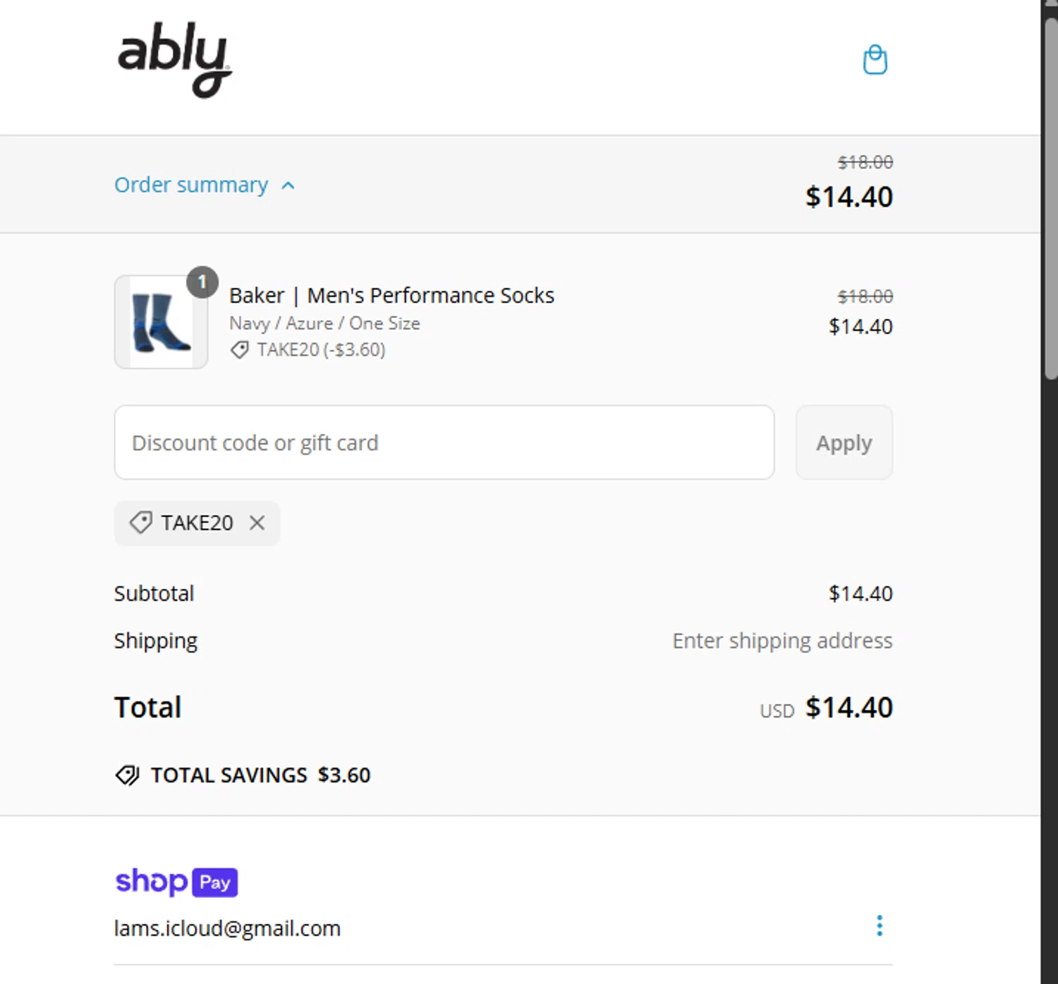 Ably discount code screenshot showing code TAKE20 applied at Ably checkout page. Uploaded by SimplyCodes community member lmarin10 on Mar 4, 2025