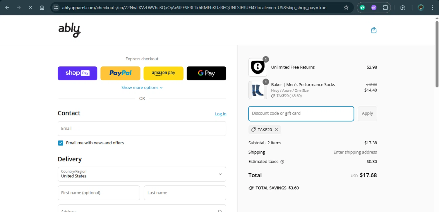 Ably discount code screenshot showing code TAKE20 applied at Ably checkout page. Uploaded by SimplyCodes community member xAngel on Mar 28, 2025