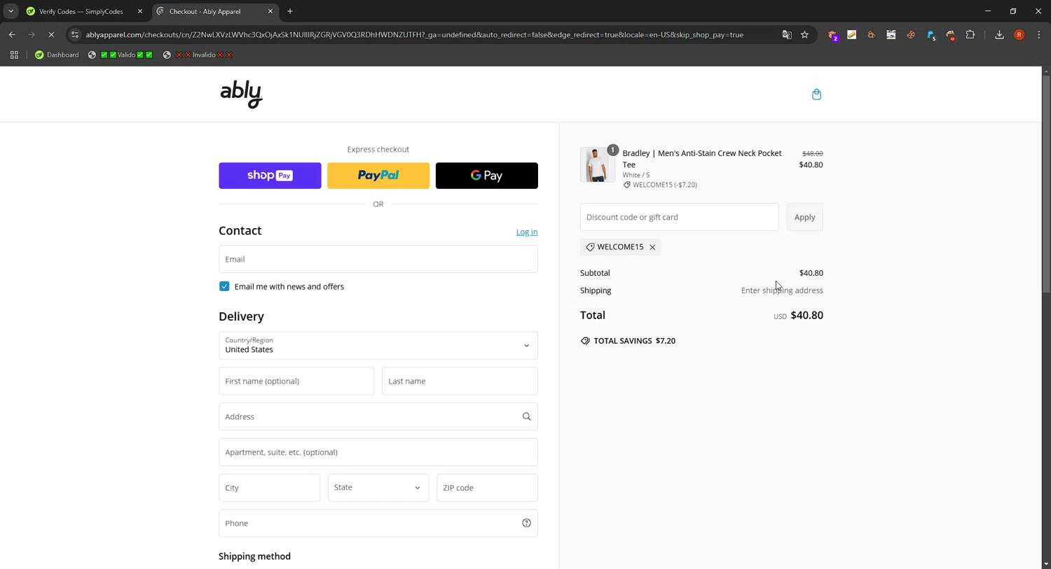 Ably discount code screenshot showing code WELCOME15 applied at Ably checkout page. Uploaded by SimplyCodes community member SavvyFinder1532 on Feb 21, 2025