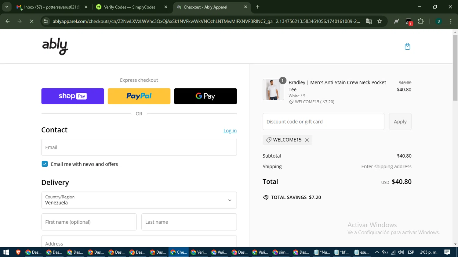 Ably discount code screenshot showing code WELCOME15 applied at Ably checkout page. Uploaded by SimplyCodes community member ShrewdAce7935 on Feb 21, 2025