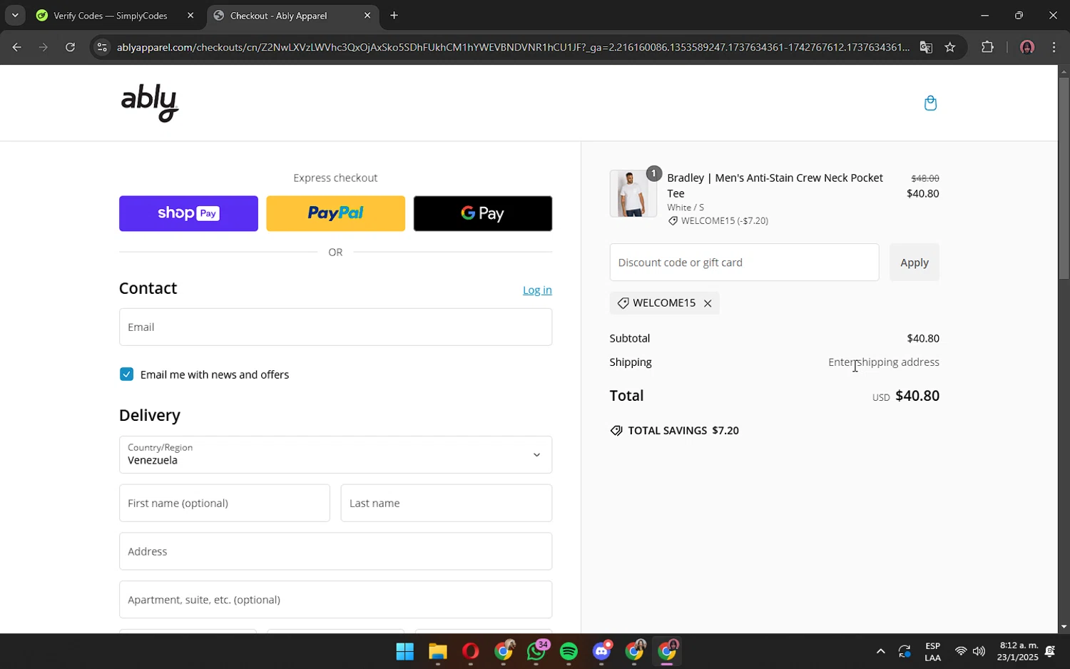 Ably discount code screenshot showing code WELCOME15 applied at Ably checkout page. Uploaded by SimplyCodes community member ShrewdPilot3521 on Jan 23, 2025