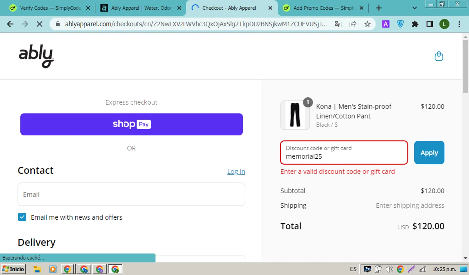 Ably discount code screenshot showing code memorial25 applied at Ably checkout page. Uploaded by SimplyCodes community member FrugalPioneer4965 on Jun 8, 2025