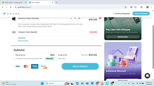 Abode checkout page showing Abode coupon code box | Screenshot taken by SimplyCodes community member on Aug 14, 2025
