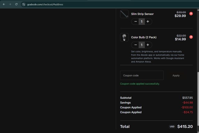 Abode checkout page showing Abode coupon code box | Screenshot taken by SimplyCodes community member on Jun 11, 2025