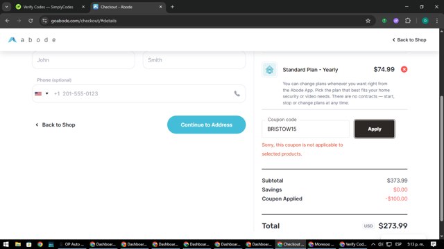 Abode checkout page showing Abode coupon code box | Screenshot taken by SimplyCodes community member on Aug 12, 2025