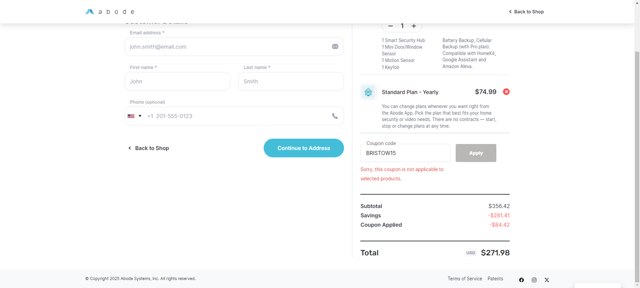 Abode checkout page showing Abode coupon code box | Screenshot taken by SimplyCodes community member on Jul 14, 2025