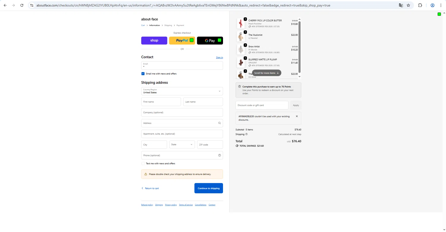 about-face checkout page showing about-face promo code box | Screenshot taken by SimplyCodes community member on Feb 13, 2026