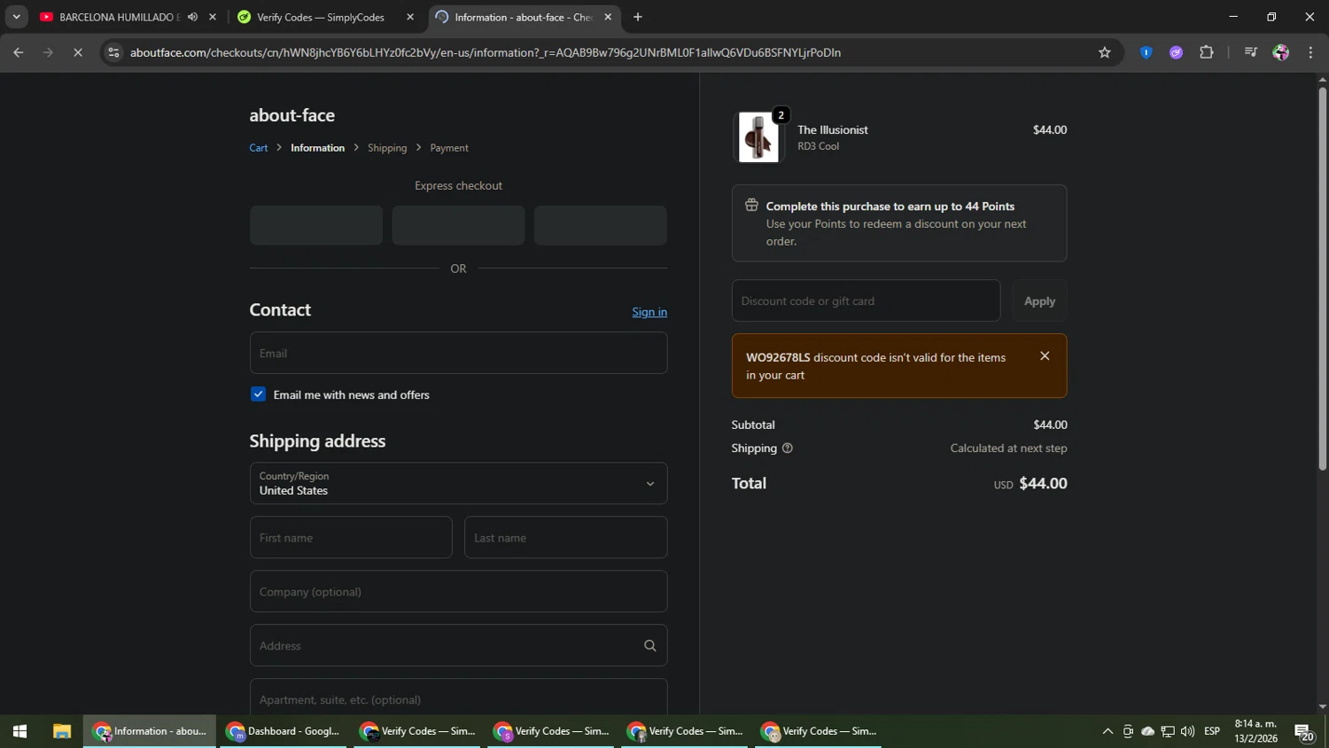 about-face checkout page showing about-face promo code box | Screenshot taken by SimplyCodes community member on Feb 13, 2026