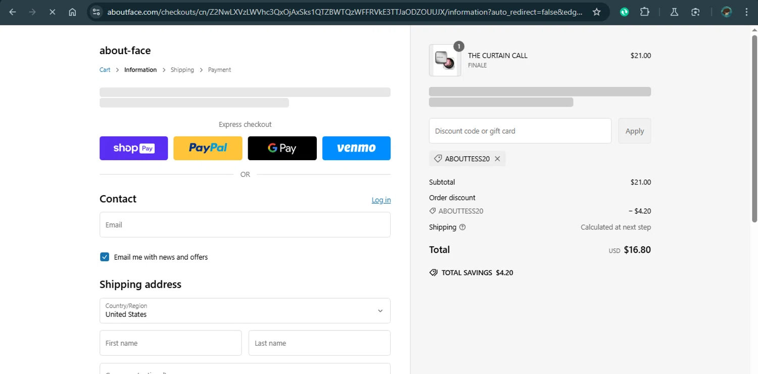 about-face promo code screenshot showing code ABOUTTESS20 applied at about-face checkout page. Uploaded by SimplyCodes community member MariaCorinaMachado on Feb 3, 2025