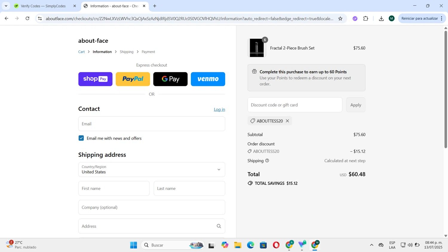about-face promo code screenshot showing code ABOUTTESS20 applied at about-face checkout page. Uploaded by SimplyCodes community member Tortu_1 on Jul 14, 2025
