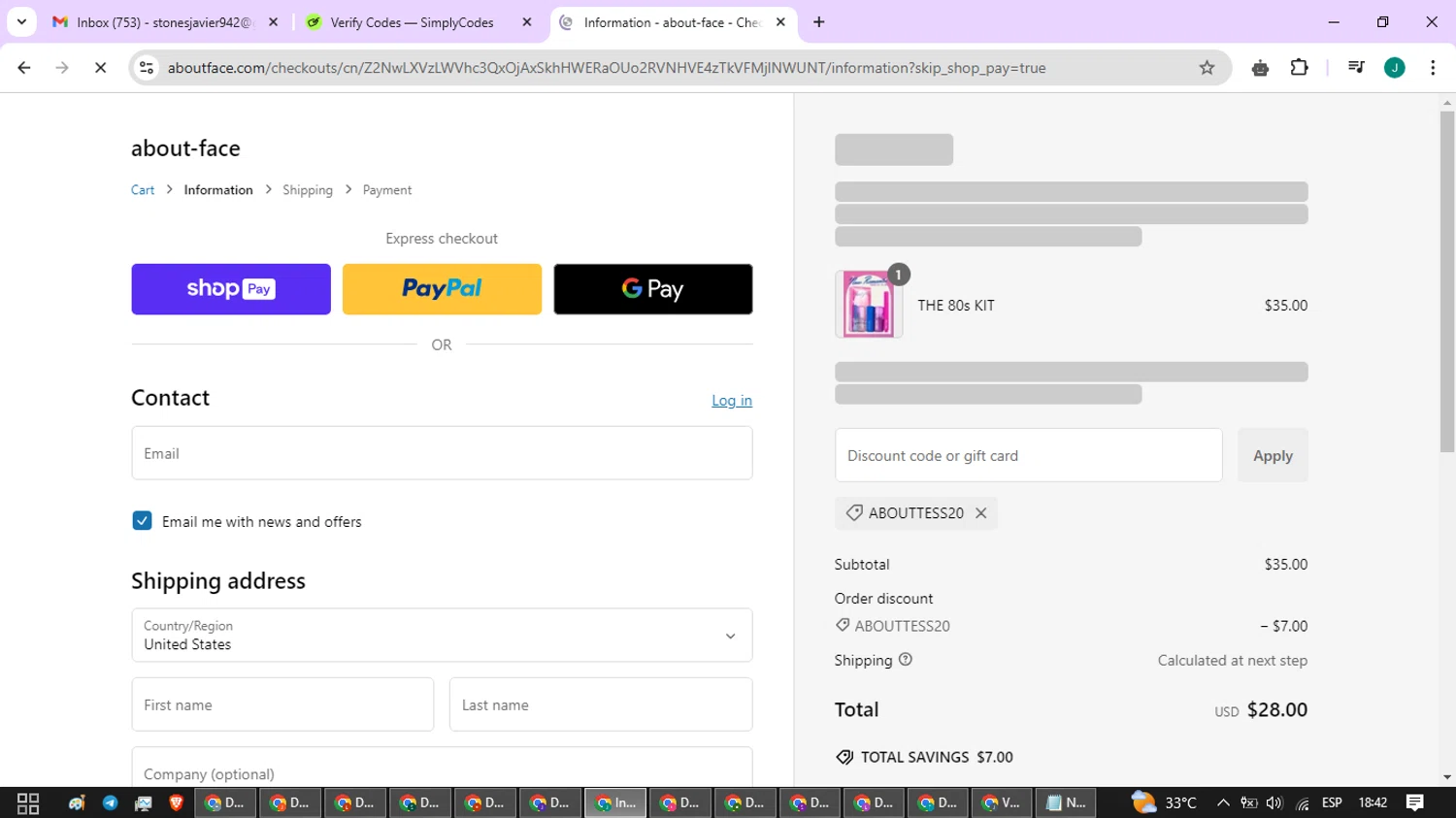 about-face promo code screenshot showing code ABOUTTESS20 applied at about-face checkout page. Uploaded by SimplyCodes community member SavvyCurator1770 on Jan 13, 2025