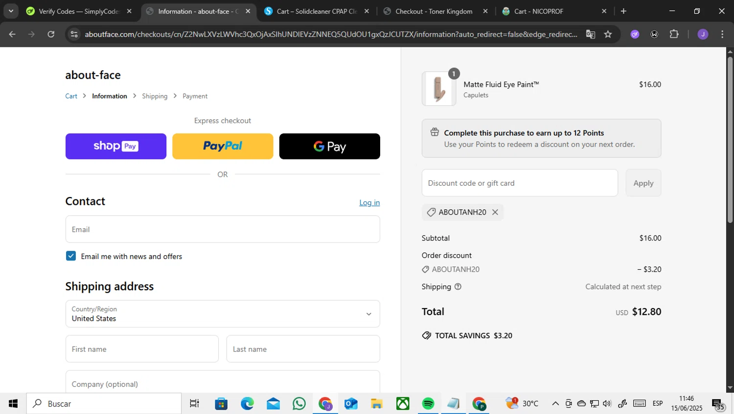 about-face promo code screenshot showing code ABOUTANH20 applied at about-face checkout page. Uploaded by SimplyCodes community member ENCARAMESSI on Jun 15, 2025